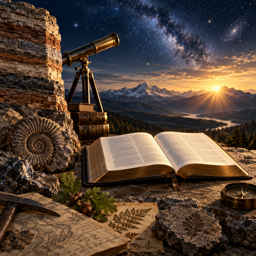 Creation Science and Creation Evangelism course — open Bible, fossils, stars, and scientific instruments