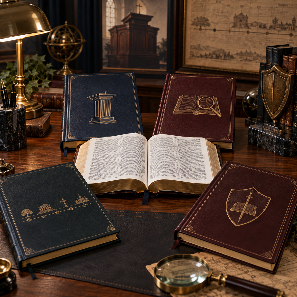 HBS Doctrine and Ministry Certificate Collection — four courses surrounding an open Bible