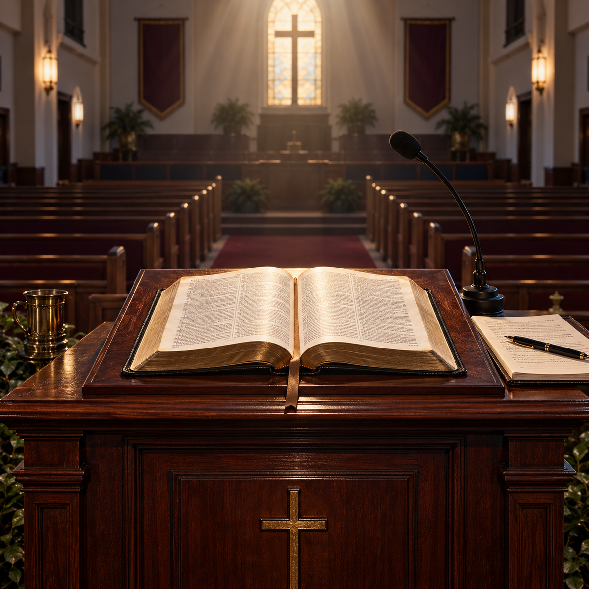 Expository Preaching course — open Bible on a church pulpit