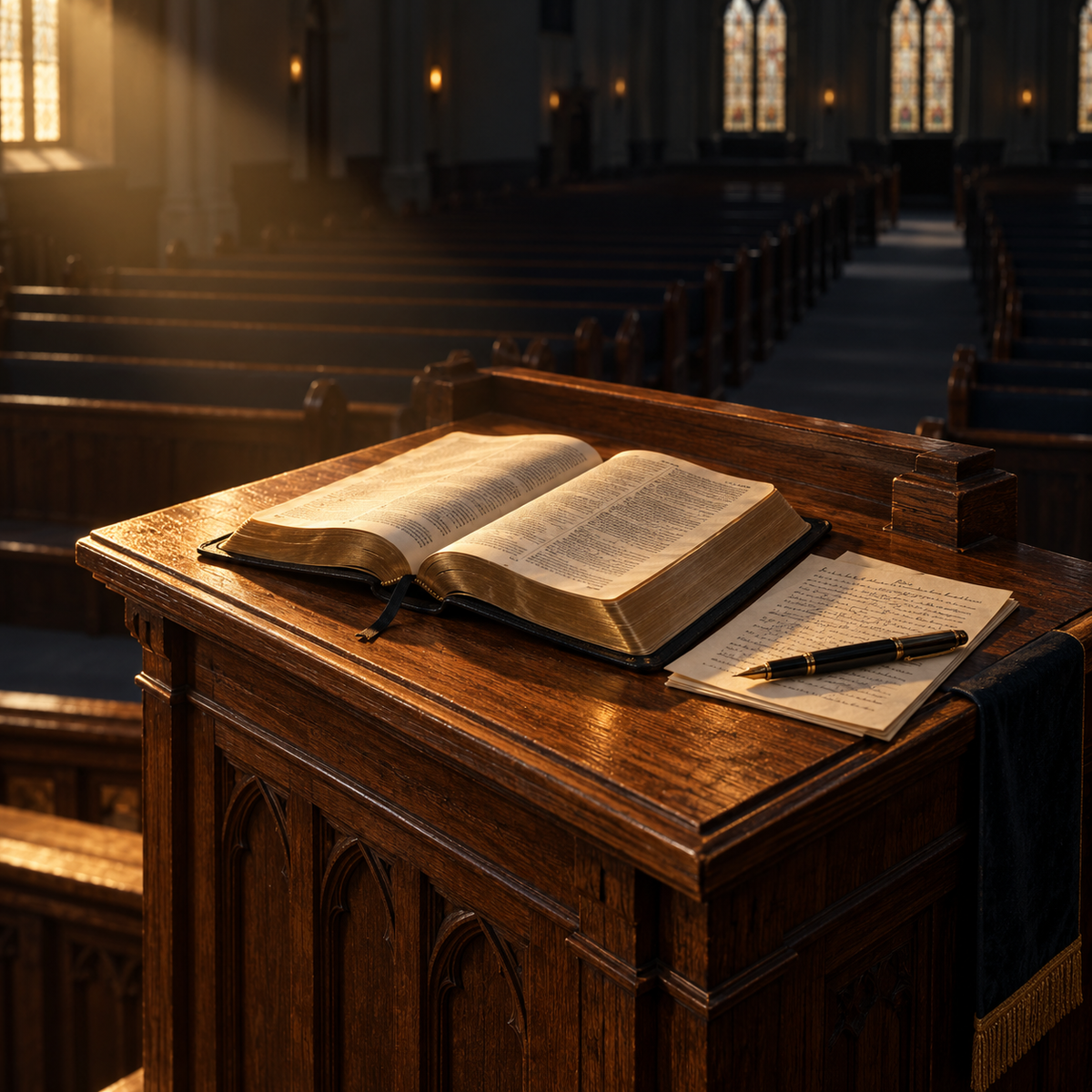 Homiletics course — open Bible and sermon notes at a church pulpit