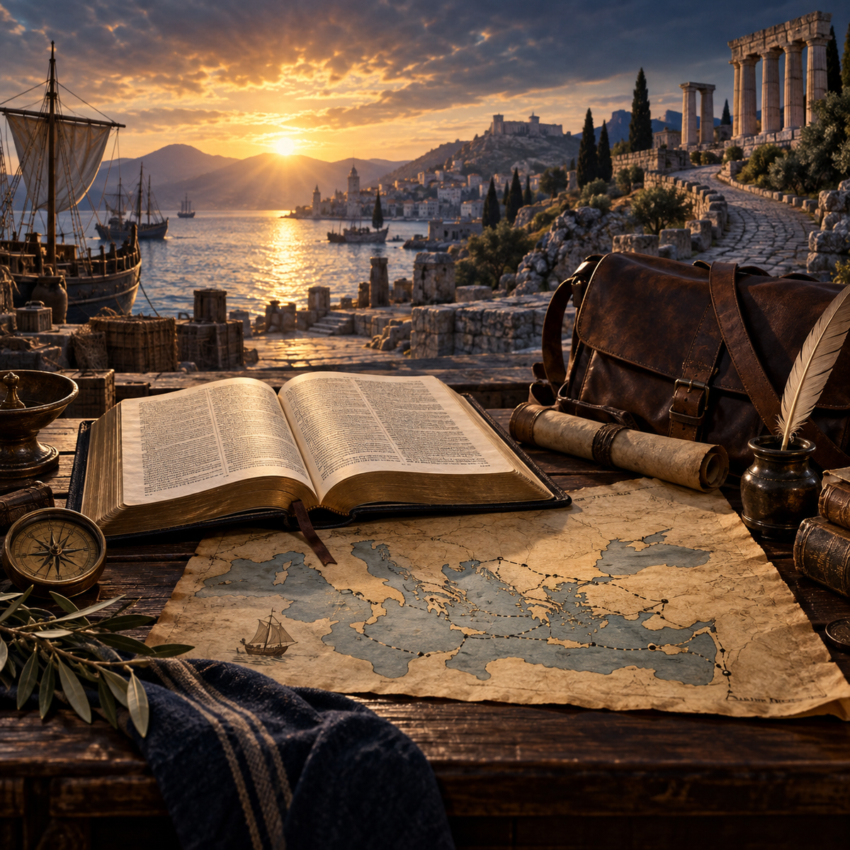 Life of Paul course — Bible, missionary journey map, Roman road, and Mediterranean harbor