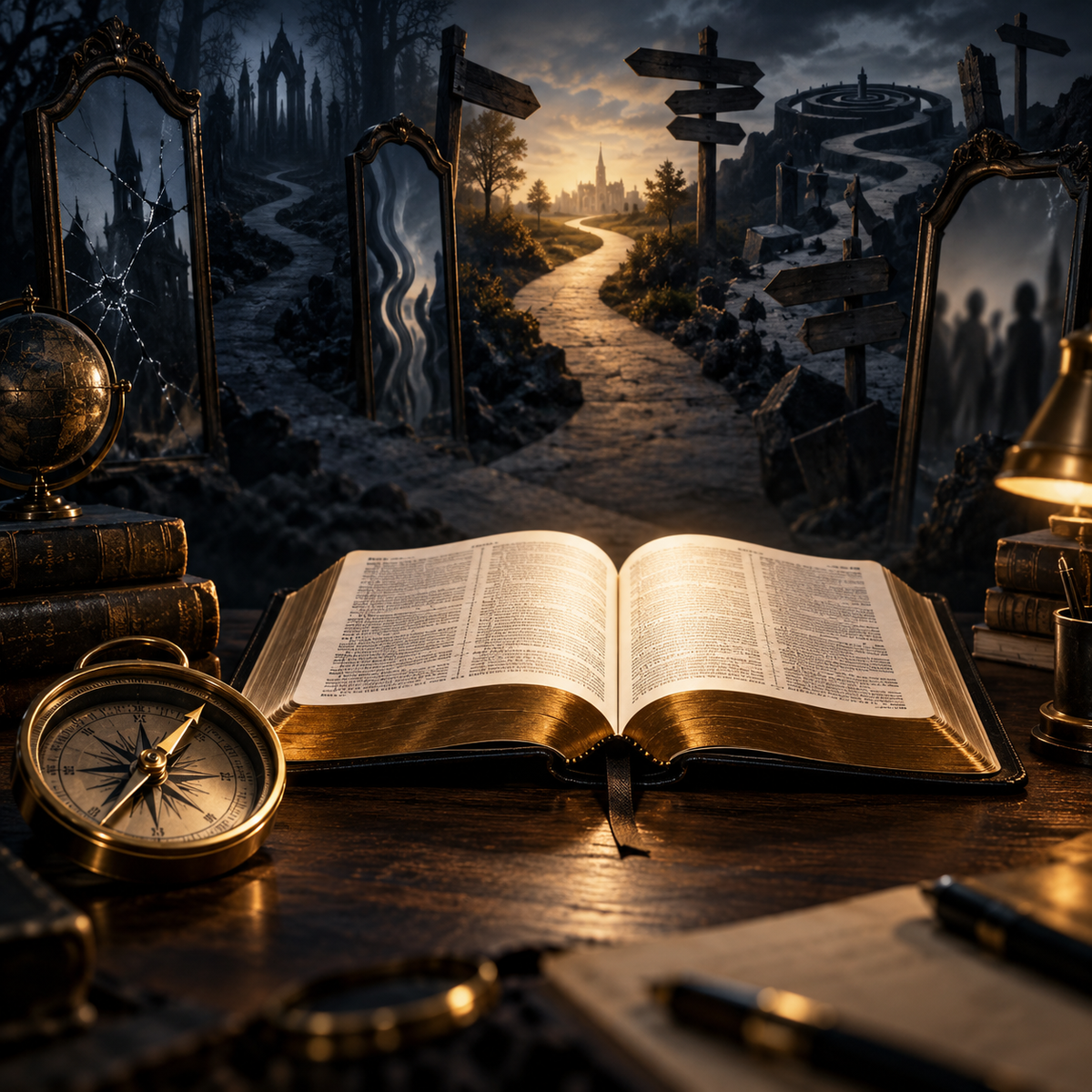 Study of Cults course — open Bible, compass, and false paths