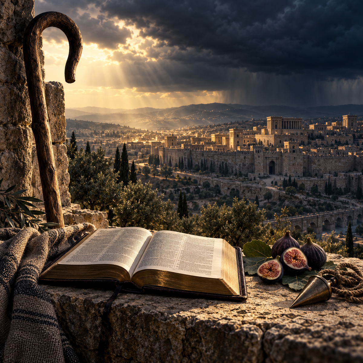 Survey of Amos course — Bible, shepherd’s staff, figs, and plumb line