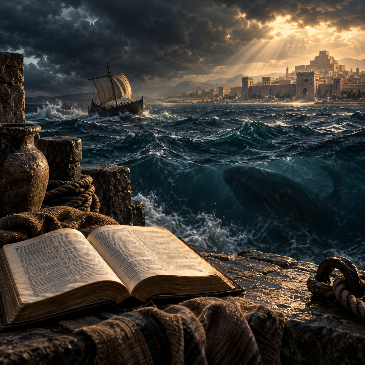 Survey of Jonah course — Bible, storm, ship, great fish, and Nineveh