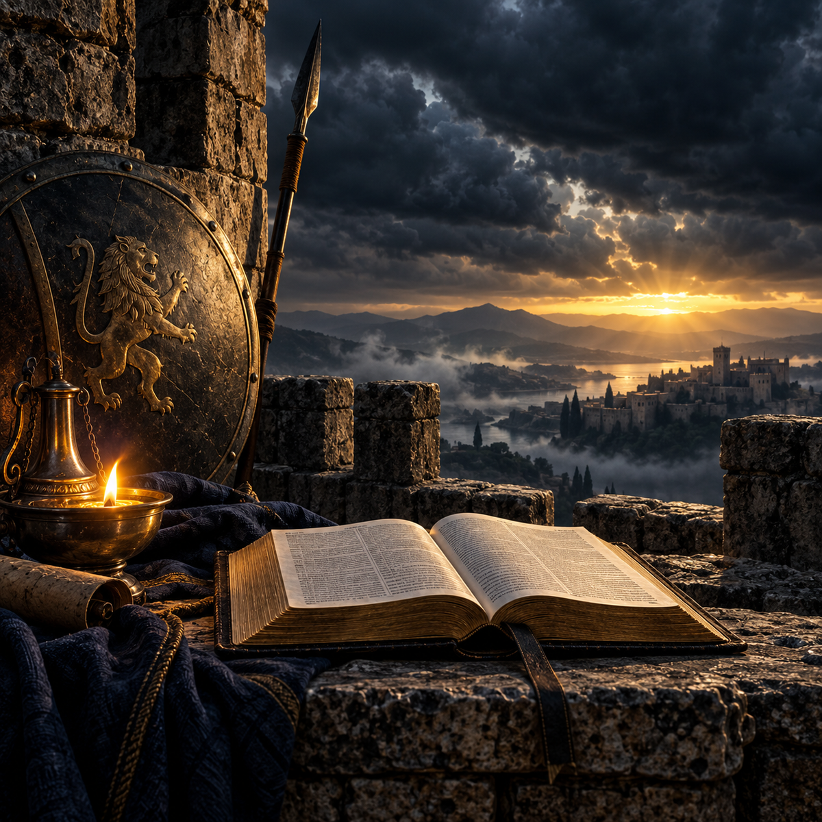 Survey of Jude course — Bible, shield, watchtower, and lamp
