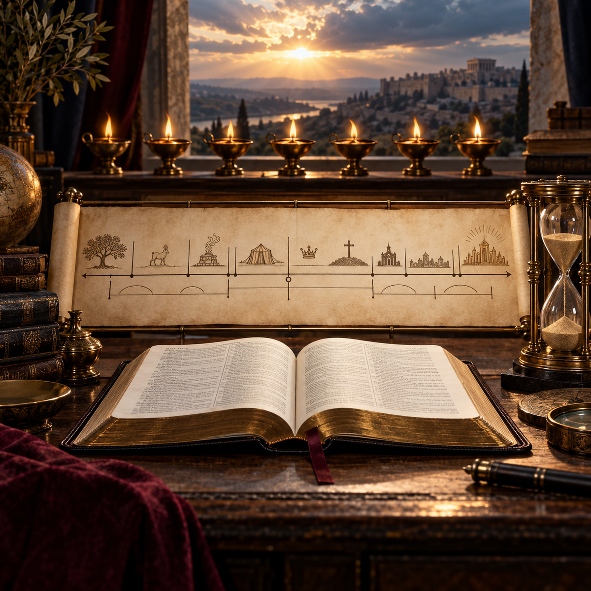Understanding Dispensationalism course — Bible, timeline, lamps, and hourglass